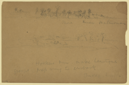 Shore near Matwomon(sic) (and) Hookers men make beautiful groups, preparing to embark, Budd's Ferry LCCN2004660544, Alfred Waud, 1861