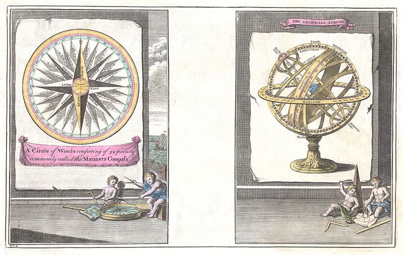 A Circle of Winds consisting of 32 points commonly called the Mariners Compass. - The Artificial Sphere, Emanuel Bowen, 1747 (undated)