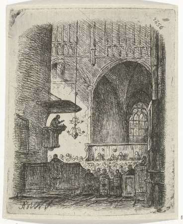 Kerkinterieur met kerkdienst, RP-P-1938-2032, Adrianus Wilhelmus Nieuwenhuysen, 1856