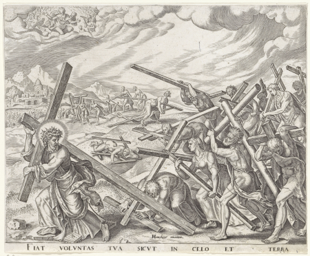 Laat uw wil gedaan worden op aarde zoals in de hemel Onze Vader (serietitel), RP-P-1900-A-21923, Johannes Wierix, between 1569 and 1573
