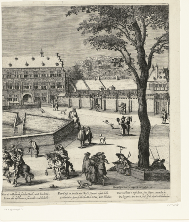 Gezicht op het Binnenhof en de Hofvijver, 1621 (rechterblad) Curia Hagae Comitum, Hollandiae (titel op object), RP-P-OB-80.976C, Simon Frisius