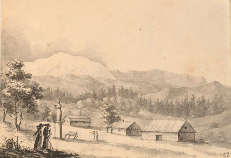 Mountain landscape. In the foreground three low houses and a high plinth with a statue at whose foot a donkey is grazing. Furthermore, in the far foreground two people are seen conversing, one with a cane in his hand, Johan Christian Dahl, circa 1822