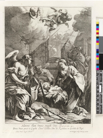 Michel Dorigny - The birth of Christ, set in classical ruins, with two angels at left, after Vouet. 1638, 1841,1211.39.23, Simon Vouet