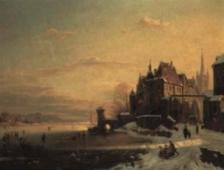 A cityscape in winter with ice skaters on a frozen river. (possibly not literal title as it was back translated from English, Franz Stegmann, 1873