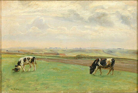 A cow grazing and a calf playing., N.P. Mols, between 1877 and 1921