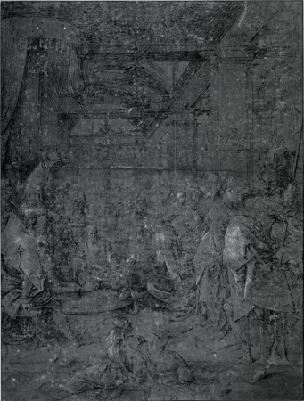 Jan de Beer - Unknown subject a child drawing lots from a vessel in the presence of a king (Trial of coals by the young Moses), Oo,9.4, Jan de Beer