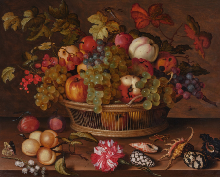 Still Life of Fruit in a Basket with Flowers and Shells Resting on a Table, Balthasar van der Ast