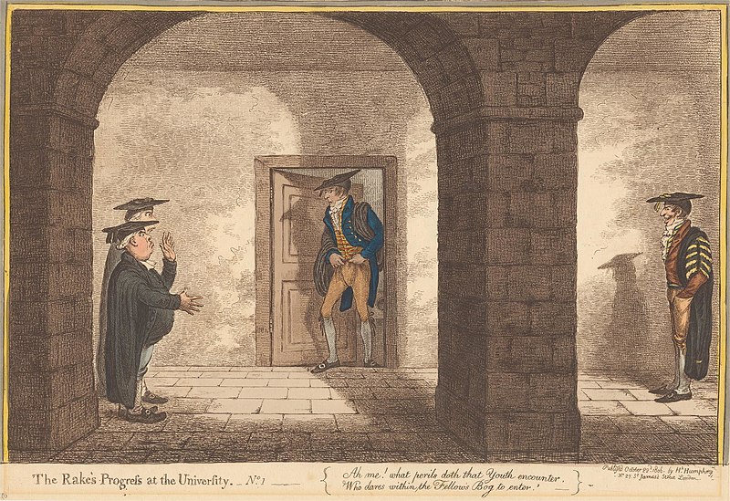 The Rake's-Progress at the University - No. 1 - "Ah me! what perils doth that Youth encounter, who dares within the Fellow's Bog to enter.", James Gillray, 1806
