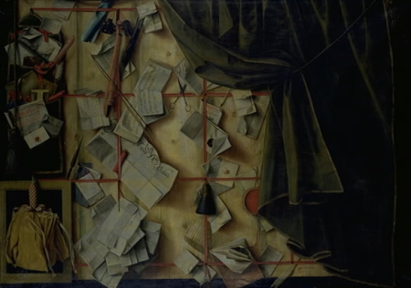 Trompe l'oeil of a Letter Rack with Proclamation by Frederik III, Cornelis Norbertus Gijsbrechts, 1672