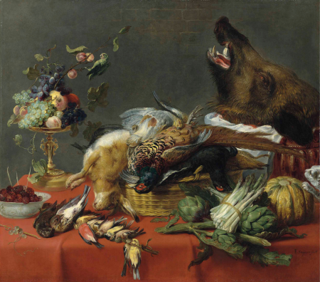 Draped table laden with game, fruit, vegetables and a boar's head, Frans Snyders, between 1609 and 1657