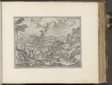 Landschap met Jakobs ladder In alto quies (titel op object) Imagines et figurae bibliorum (serietitel) Den Grooten Emblemata Sacra, bestaande in meer dan vier hondert bybelsche figuren, zoo des Ouden als des Nieuwen T, RP-P-2015-10-61, Pieter van der Borcht