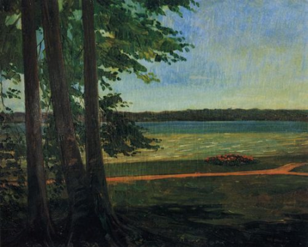 Three beech trees with flower boskets, Wilhelm Trübner, 1911