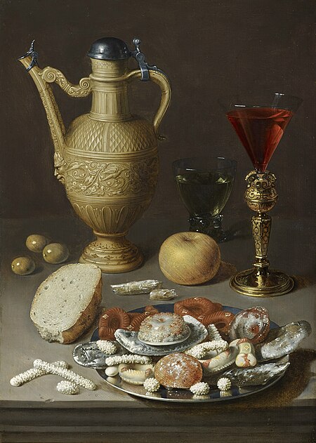 A stoneware ewer, a Berkemeyer and a conical glass in a bekerschroef, with confectionary in a silver platter, on a ledge, David Rijckaert (II), between 1607 and 1642