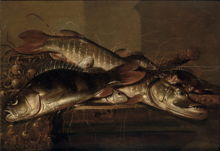 A pike, perch and various other fish together with onions on a table, Pieter de Putter, between 1630 and 1659