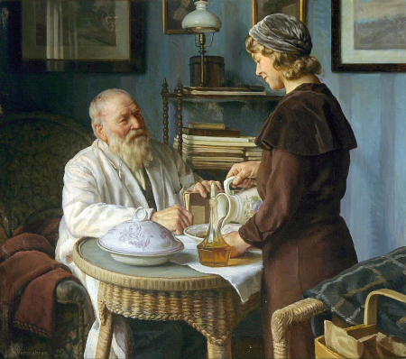 Time for lunch in a blue setting., Sophus Vermehren, between 1884 and 1950