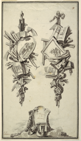 Drawing, A pair of trophies referring to the crafts of the cabinet maker and the carpenter, ca. 1770, Jean Charles Delafosse, circa 1770
