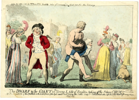 The dwarf & the giant or the strong lad of Brighton taking off the princes chum!!!!, Isaac Cruikshank, 1795