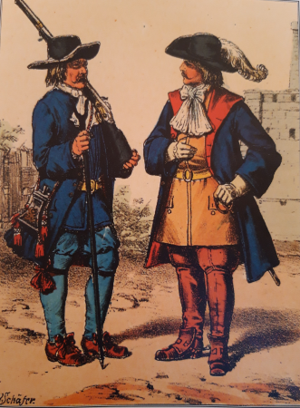 Elector George William's bodyguard, called Bluecoats around 1632, musketeer on the left, cavalry officer on the right, Maximilian Schäfer, before 1916