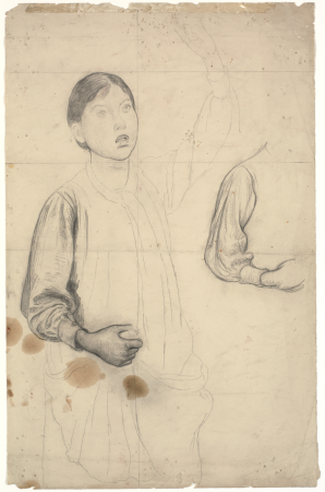 Study sheet with standing girl with raised left arm, and detail of right, bent arm and shoulder, Edward Stott