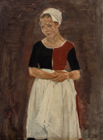 Standing orphan girl in three-quarter figure, looking to the left - Study for "Free Hour in the Amsterdam Orphanage", Max Liebermann, 1881