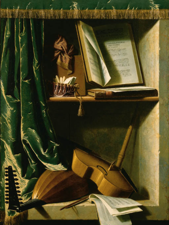 A Trompe L'oeil of a Lute, a Viol and a Recorder, with books of Music in a curtained stone niche, Michel Boyer