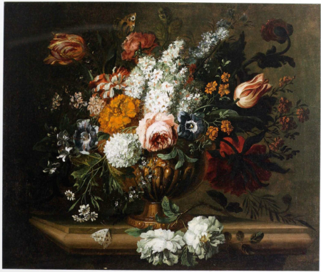 Flowers in a neoclassical sculptured vase with a butterfly, Jan Baptist Bosschaert, between 1667 and 1746