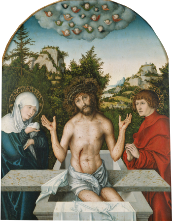 Pfirtscher Altarpiece: Christ as the Man of Sorrows, seated on a sarcophagus between the Virgin and St John [central panel], Lucas Cranach the Elder, 1524