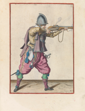 Aiming soldier, workshop of Jacob de Gheyn (II), colored print, 1597-1607, Jacob de Gheyn II, 1 January 1607
