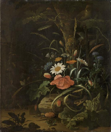 Still life of wild flowers at the foot of an oak tree, in front of a grotto, Abraham Mignon, between 1670 and 1679