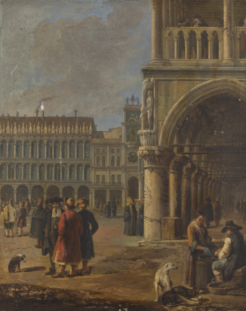 Venice, a view of a corner of St. Mark's Square, with peasants and dogs to the right and other figures, some in oriental dress, to the left, Luca Carlevarijs, 1600s