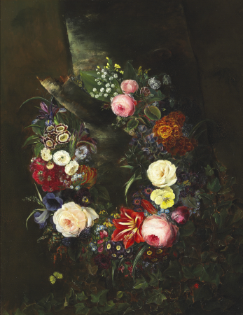Wreath of flowers hanging on a branch, Johan Laurentz Jensen