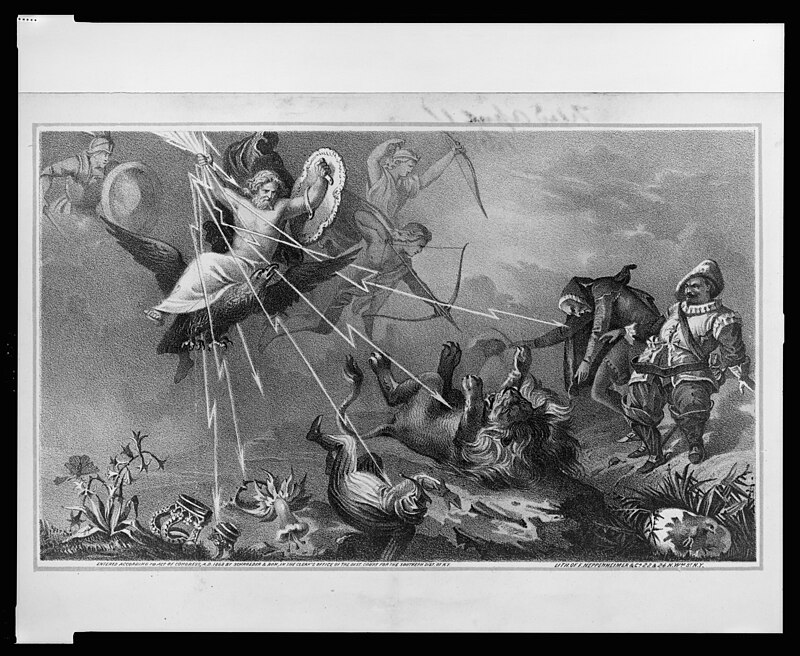 Jupiter, clutching thunderbolts and carrying a shield, descends to earth on the back of an eagle; he strikes down with the thunderbolts figures representative of authority and folly) - lith. LCCN00650404, Frederick Heppenheimer, 1868