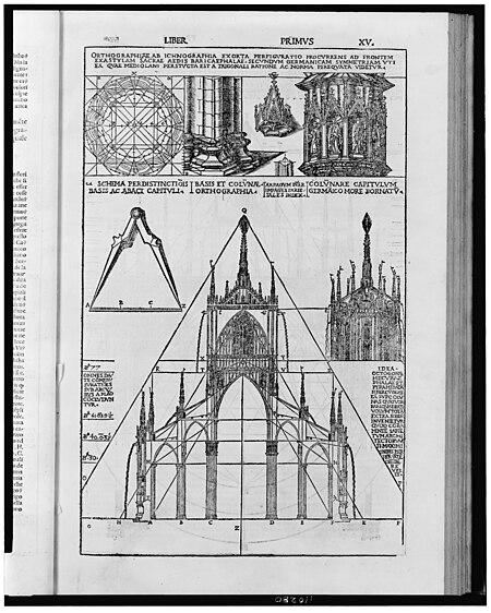 Milan Cathedral, plan, elevation, and architectural elements from handbook on classical architecture LCCN2004682215, Cesare Cesariano, 1521