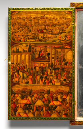 Mirror Case Depicting the Meeting of Nasir al-Din Mirza and Tsar Nicholas I in Erivan, dated A.D. 1854 (interior panel, zoomed in), Muhammad Isma'il Isfahani