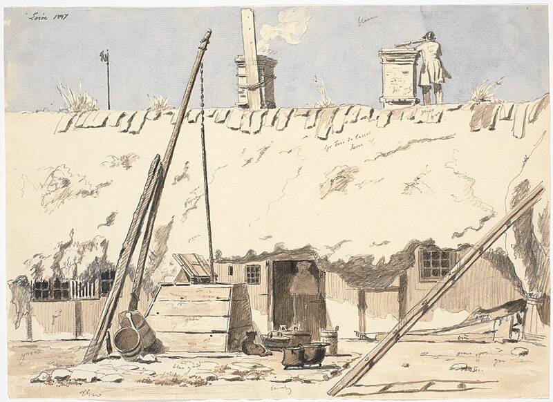 A house with a gable roof. In front of the house a hoist well. On the roof a man with binoculars, Martinus Rørbye, 1847
