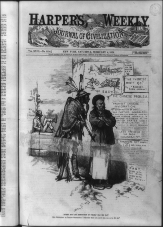 Every dog...has his day - Red gentleman (Indian) to yellow gentleman (Chinese) "Pale face 'fraid you crowd him out, as he did me." - Th. Nast. LCCN2002706054, Thomas Nast, 1879