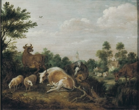 Cows and Sheep in a Landscape, Gillis d'Hondecoeter, 1625