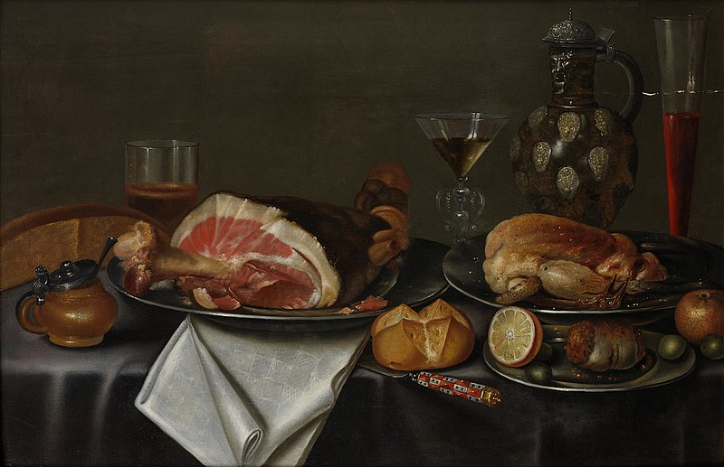 Still life with a ham and chicken on silver plates, glasses of wine and beer, a bread roll, a peeled lemon and an earthenware jug on a table draped with a grey cloth, Alexander Adriaenssen, between 1624 and 1661