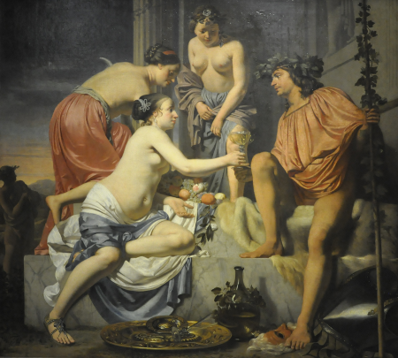 Bacchus on a Throne − Nymphs Offering Bacchus Wine and Fruit, Caesar van Everdingen, between 1670 and 1678