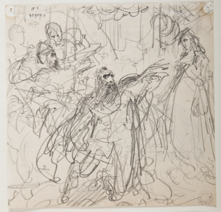Compositional sketch for the painting "Twardowski evokes Barbara's shadow" - Twardowski in a kneeling position, with his hand extended towards the standing woman, Jan Matejko, circa 1884