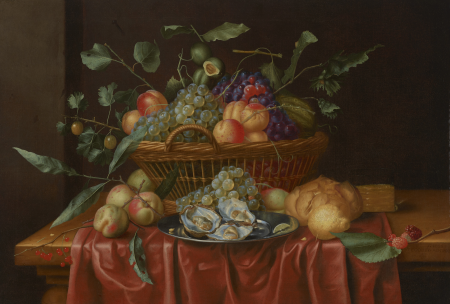 ]]Silver plate with oysters and grapes, a basket of grapes, peaches and a melon, with other fruits and bread on a partially draped table top, Theodoor Aenvanck, 1654