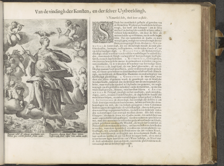 Allegorie op de kunst Van de vindingh der Konsten, en der selver Uytbeeldingh (titel op object) Den Grooten Emblemata Sacra, bestaande in meer dan vier hondert bybelsche figuren, zoo des Ouden als des Nieuwen Testament, RP-P-2015-10-25