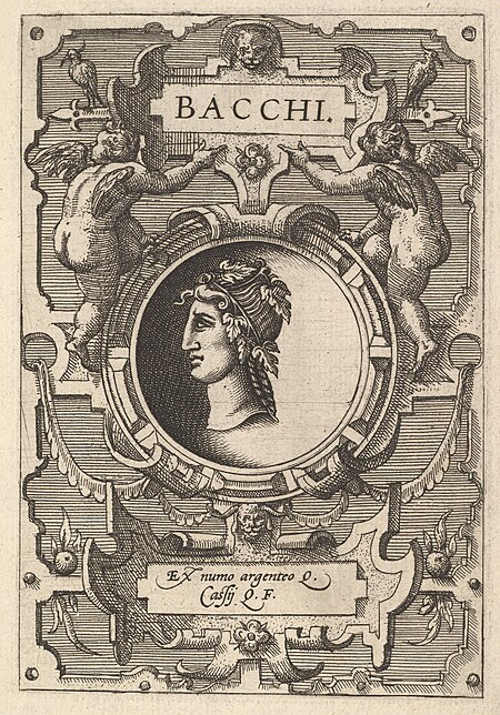 Bust of Bacchus surrounded by strapwork, from the series' Deorum dearumque,' a set of images of deities after coins in the collection of Abraham Ortelius, Philip Galle, 1573
