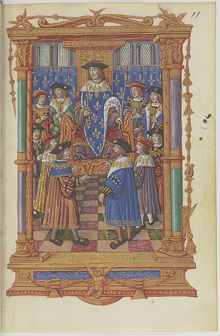 Frontispiece of a manuscript of the Statutes of the Order of Saint Michael: the king receiving the knights of the order., Étienne Colaud, circa 1526 (?)