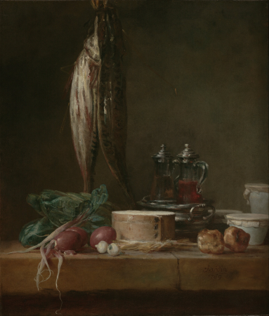 Still Life with Fish, Vegetables, Gougères, Pots, and Cruets on a Table, Jean-Baptiste-Siméon Chardin, 1769