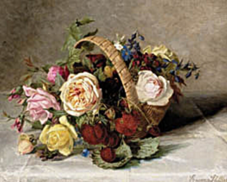 Still life with pink and yellow roses in a basket on a white tablecloth with some strawberries on the table., Emma Løffler, 1901