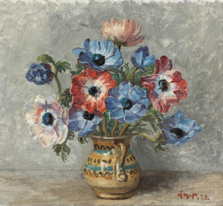 Still life with poppy anemones in a patterned jug., Johannes Wilhjelm, 1923