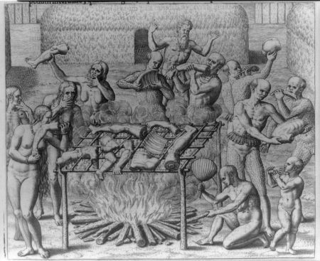 Johannes Lerii's account of the description of the method the Indians use for "barbecuing" human flesh LCCN2007677262, Theodor de Bry, 1593