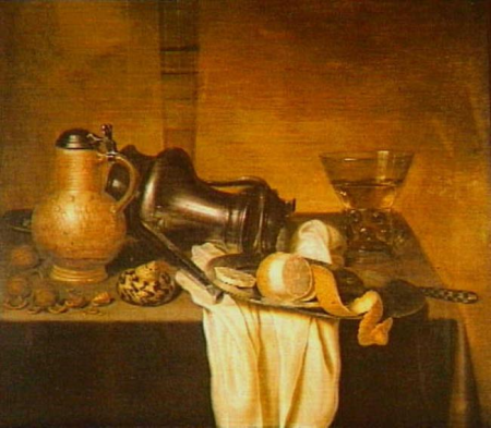 Still life with Jan Steen pitcher, nuts, shells, and lemon, Maerten Boelema de Stomme, 1660