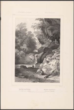 Gezicht op een rotsachtig landschap met waterval in Batu Gantung Batoe-Gantong. Omstreken van Ambon (titel op object) Molukschen Archipel (serietitel op object) Gezigten uit Neêrlands Indië (serietitel op object), RP-P-2016-2260-7-5, Paul Lauters, between 1843 and 1845